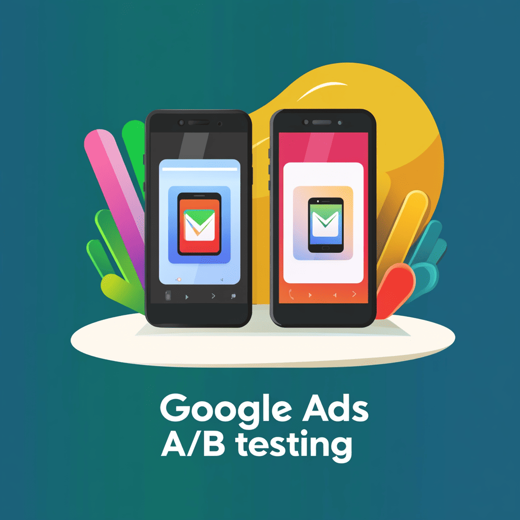 Two mobile phones next to each other showcasing 2 similar adverts with the words written below it A/B testing Google ads
