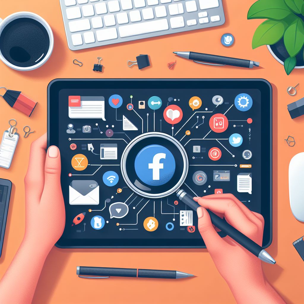 A hand working on a tablet showing the Facebook logo and other analytics.