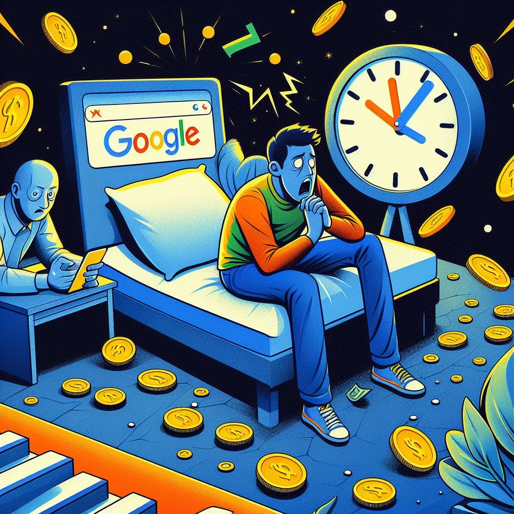 A man clutching his head in anguish with the Google symbol behind him.