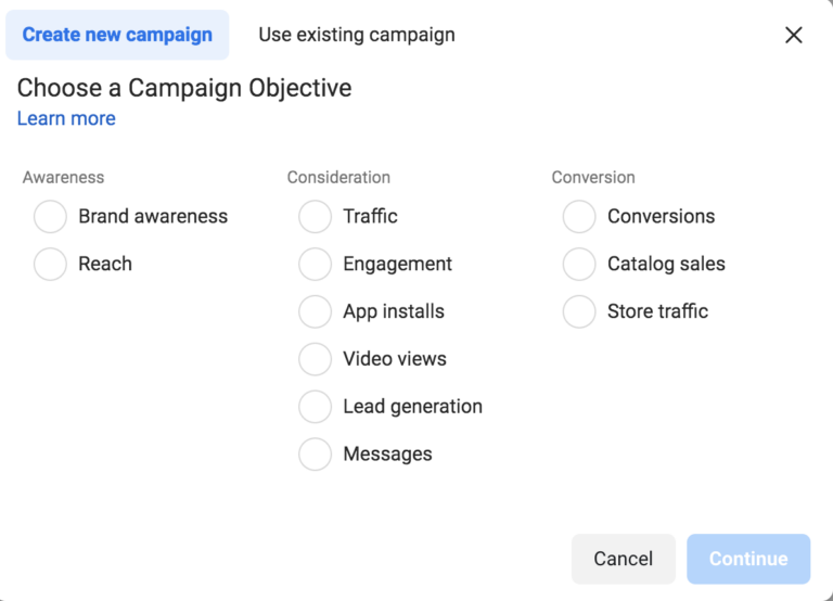 options when creating ads on Facebook.