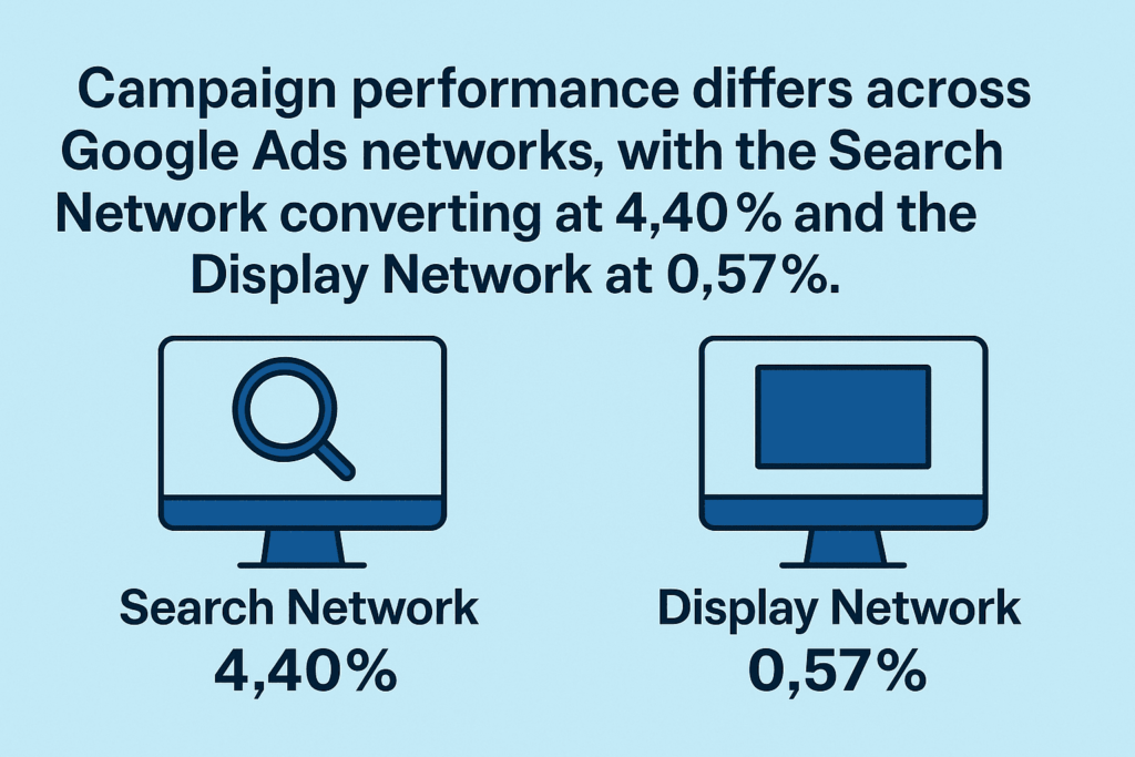 Explains a PPC statistic. "Campaign performance differs across Google Ads networks, with the Search Network converting at 4.40% and the Display Network at 0.57%."